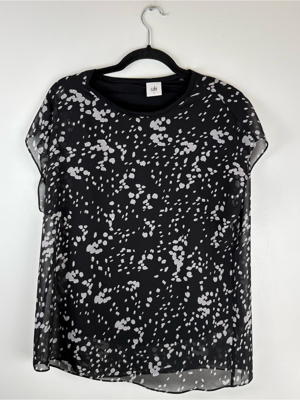 Cabi Womens Small Blouse Top Cap Short Sleeve Sheer Lined Black Boho